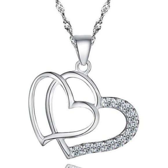 925 Silver Love Charm Exaggerated Double Heart Necklace​​ - Picture 1 of 1